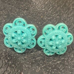Turquoise Floral Earrings Vintage Clip On Resin Material with Sterling Silver